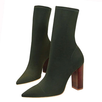 Satin Stretch Block Heel Ankle Boots - SunsetFashionLA